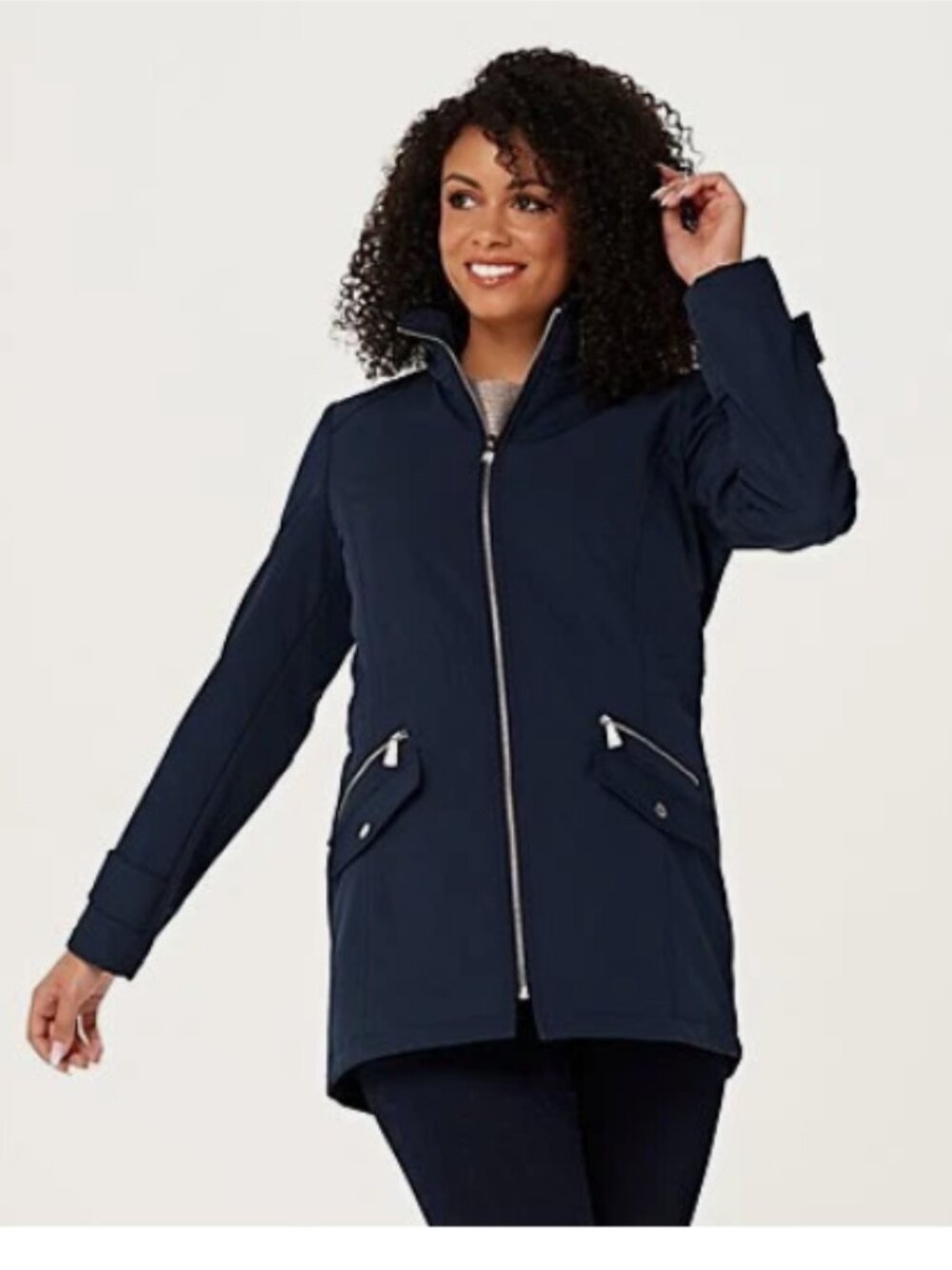 Dennis Basso Water-Resistant V-Luxe Jacket with Hidden Hood-Navy-XXS-NEW-A381581
